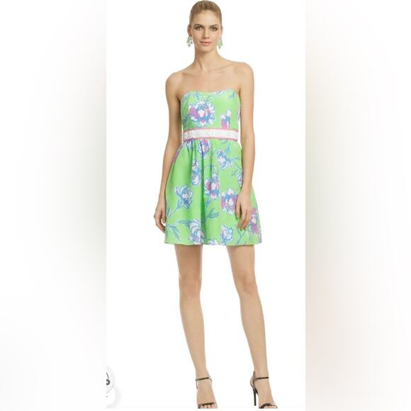 Lilly Pulitzer Green & blue floral silk blend LANGLEY Strapless dress Sundress 6 - Picture 1 of 14